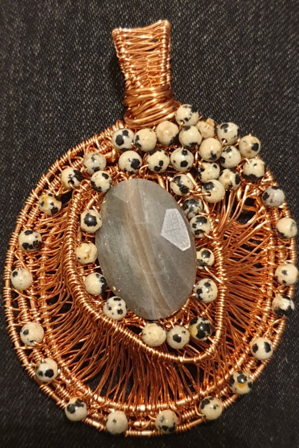 Wire Wraapped coated Copper Wire With Agate and Dalmation Jasper Pendant