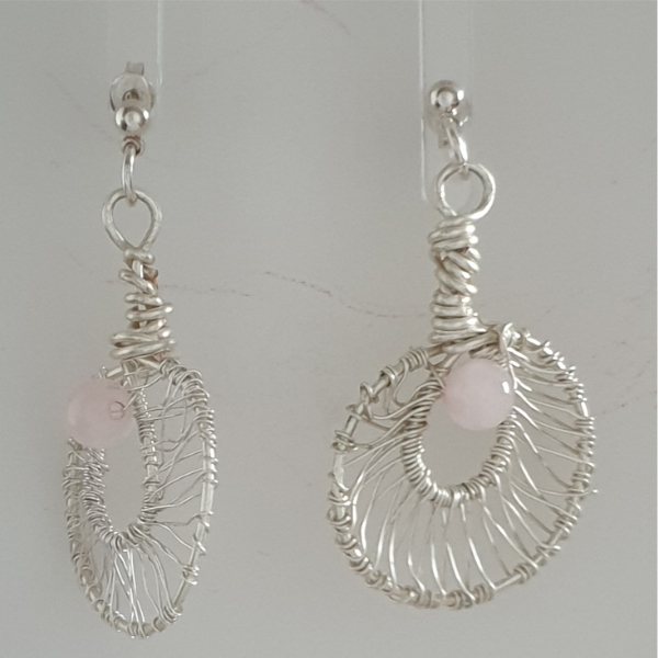 Coated Silver Plated Wire Wrapped Rose Quartz Earrings on Post Findings