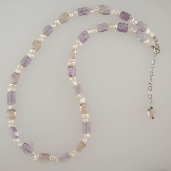 Ametrine and Fresh Water Pearl Necklce with Sterling Silver Chain and Fastening