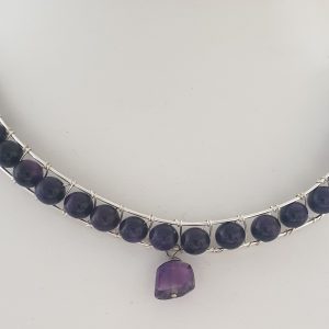 Amethyst Channel Set Half Collar Necklace with Faceted Drop Amethyst and Coated Silver Plated Wire