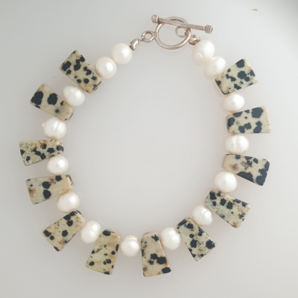 Pearl and Dalmation JasperBracelet with T Bar Fastening