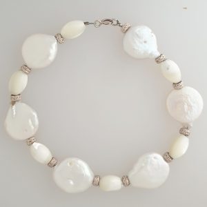 Pearl and Mother of Pearl Bracelet with silver and Crystal Spacers and Sterling Silver Bolt Ring Fastening