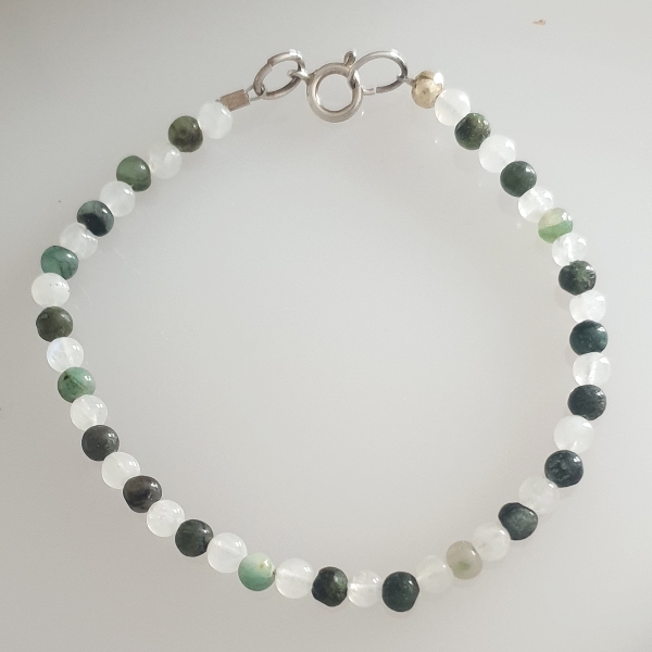 Emerald and Moonstone Bracelet with Sterling Silver Bolt Ring Fastening
