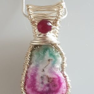Coated Silver Plated Wire Wrapped Water Melon Quartz and Red Agate on a Sterling Silver Chain