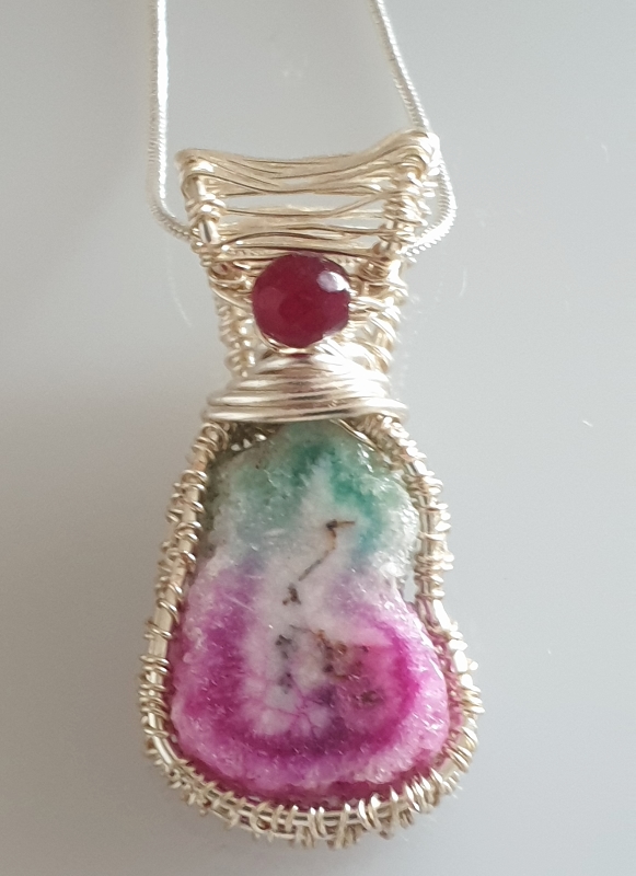 Coated Silver Plated Wire Wrapped Water Melon Quartz and Red Agate on a Sterling Silver Chain