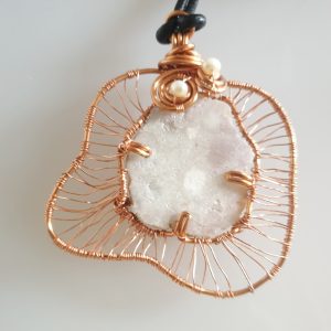 Coated Copper Wire Wrapped uartz Slice with Pearls on a Leather Cord