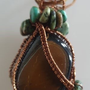 Coated Bronze Wire Wrapped Agate with African Turquoise Pendant on Leather Cord