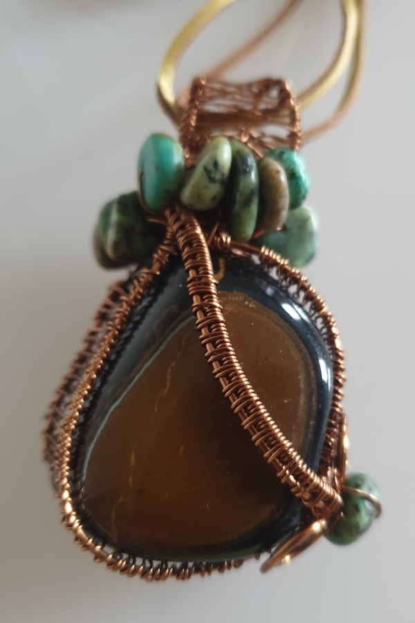 Coated Bronze Wire Wrapped Agate with African Turquoise Pendant on Leather Cord