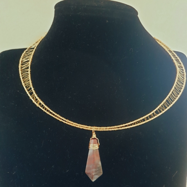 Coated Gold Coloured Wire Wrapped Collar with Jasper Drop