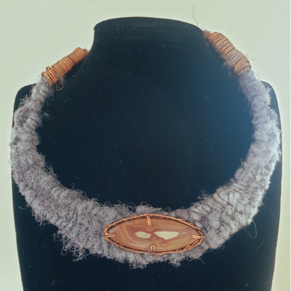 Banana Yarn Woven Collar with Coated Bronze Wire Wrapped Jasper Slice