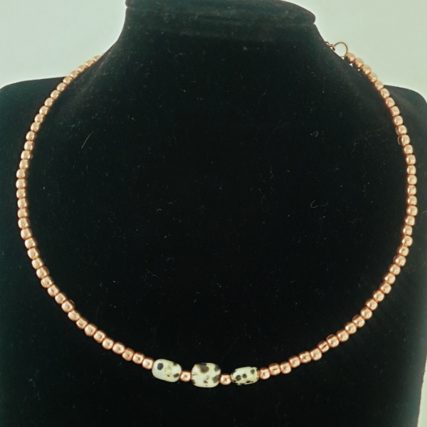 Dalmation Jasper and Rose Gold Coloured Bead Collar Necklace
