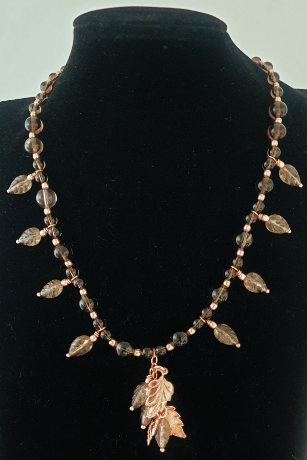 Smokey Quartz and Smokey Quartz Carved Leaf Necklace with Rose Gold coated Sterling Silver Findings